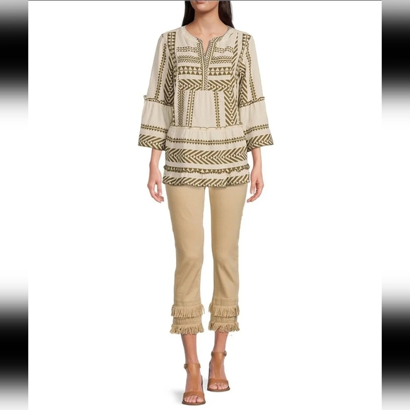 John Mark Jacquard Woven Geometric V-Neck Ruffle Blouse Size Medium - Picture 1 of 10